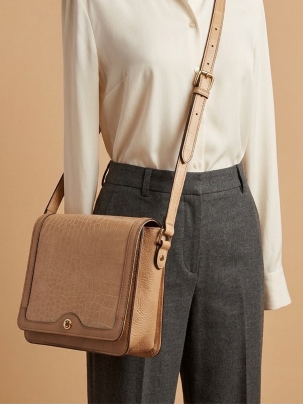 Vintage Cornell Creations Tan Croc Embossed Vegan Leather
Satchel Crossbody 10x8